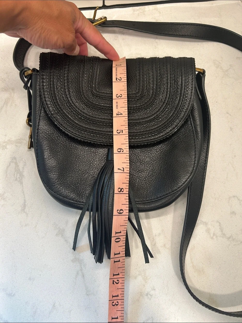 Fossil Emi Leather Tassel Crossbody Black Saddle Bag